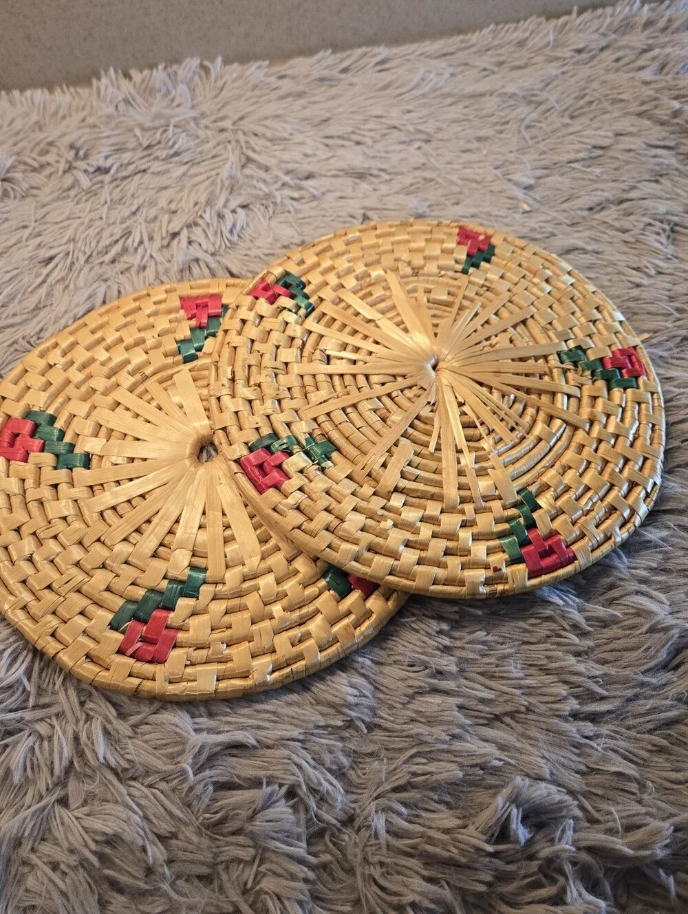 Vintage Trivets Handwoven Round Rattan Coasters with Red & Green Accents